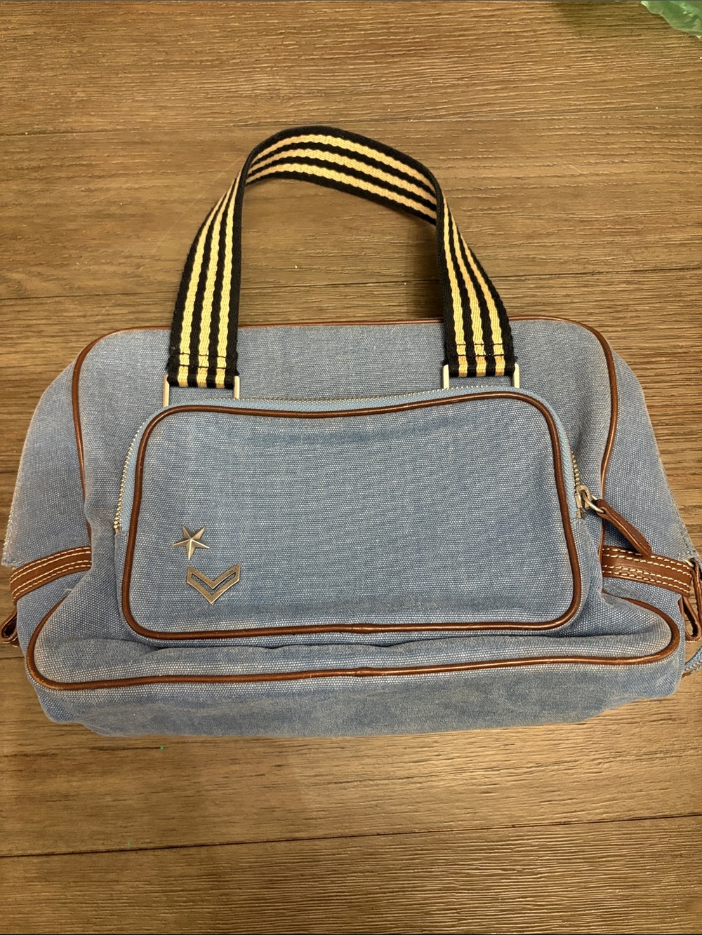 Marc Jacobs Light Blue Canvas Duffel with Brown Trim and Striped Handles